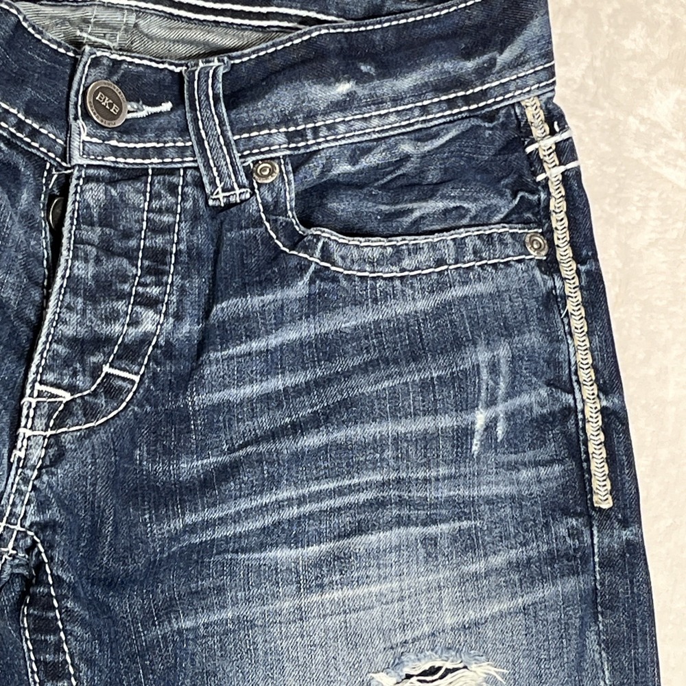 BKE Buckle Justin Mens 28x31 1/2 Distressed Straight Thick Stitch Jeans Jake EUC - Picture 10 of 16